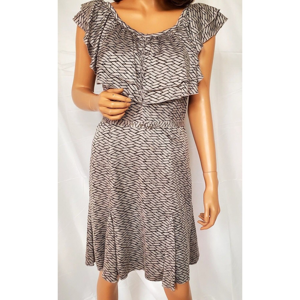 Bebe Silk Dress Pearl Gray Black Geo Stripe Ruffles Hourglass Femme Size S/M